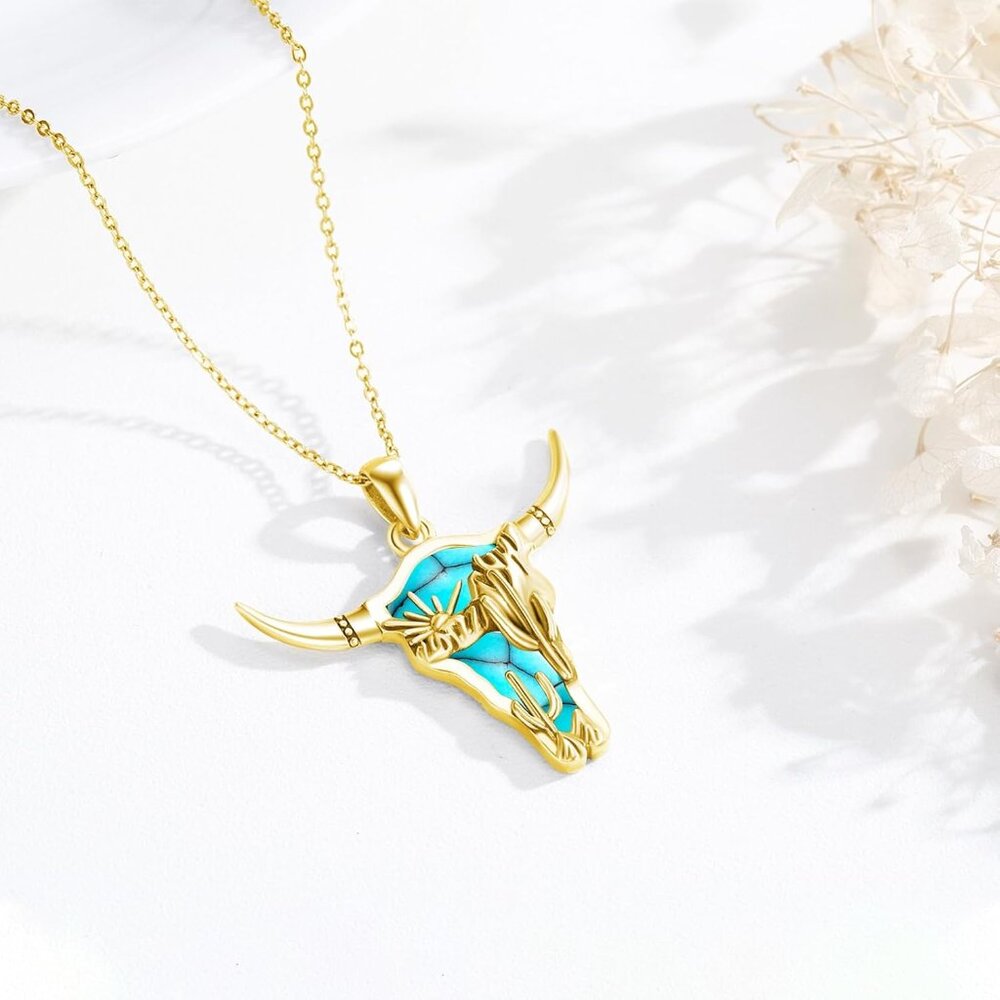 Western Necklace 925 Sterling Silver Turquoise Pendant Highland Cow/Cow Skull/Ha - Picture 2 of 7